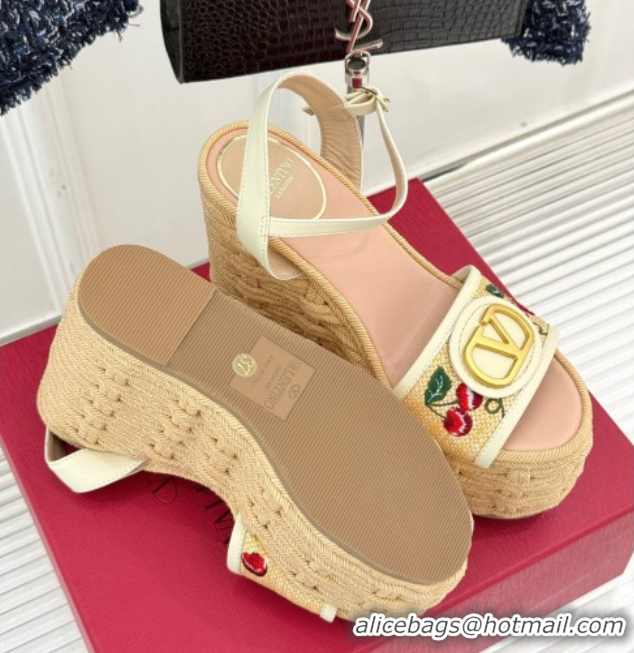 Top Grade Valentino VLogo Signature Cherryfic Wedge Sandals 12cm in Jacquard Synthetic Raffia and Rope White 0428015