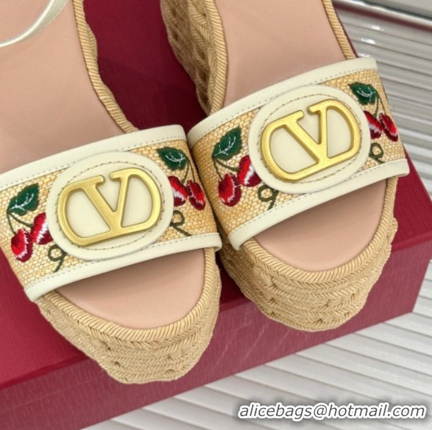 Top Grade Valentino VLogo Signature Cherryfic Wedge Sandals 12cm in Jacquard Synthetic Raffia and Rope White 0428015