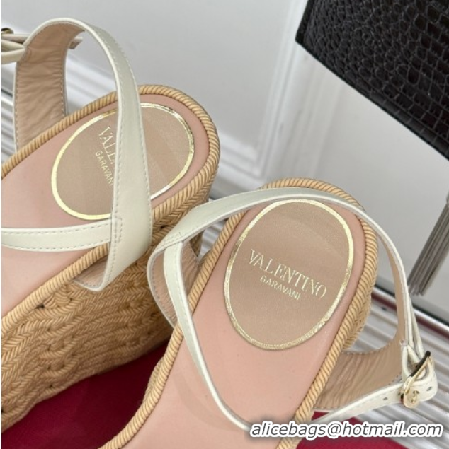 Top Grade Valentino VLogo Signature Cherryfic Wedge Sandals 12cm in Jacquard Synthetic Raffia and Rope White 0428015