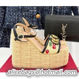 Good Looking Valentino VLogo Signature Cherryfic Wedge Sandals 12cm in Jacquard Synthetic Raffia and Rope Black 0428016
