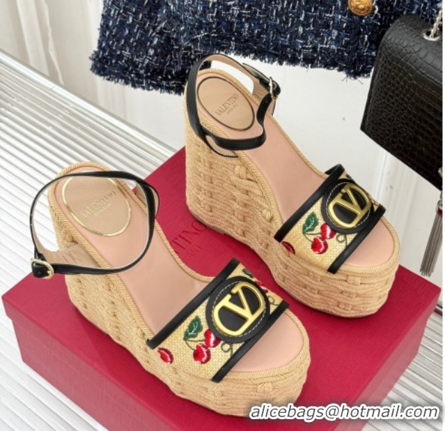 Good Looking Valentino VLogo Signature Cherryfic Wedge Sandals 12cm in Jacquard Synthetic Raffia and Rope Black 0428016