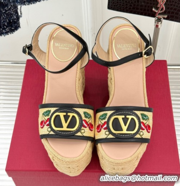 Good Looking Valentino VLogo Signature Cherryfic Wedge Sandals 12cm in Jacquard Synthetic Raffia and Rope Black 0428016