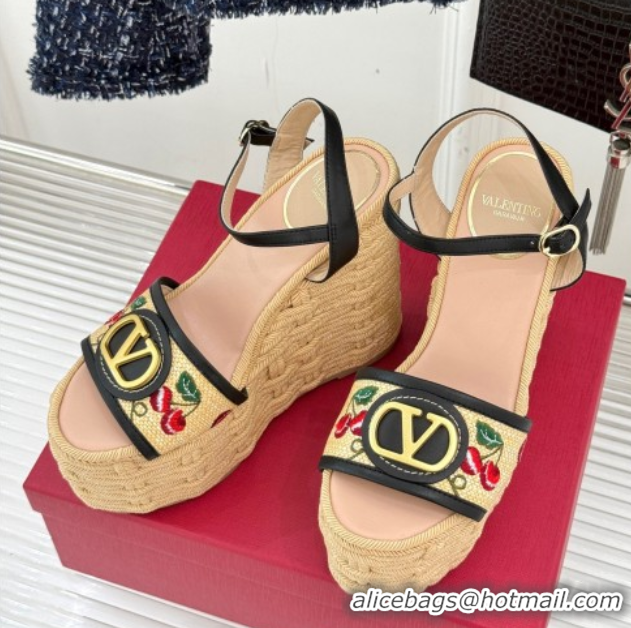 Good Looking Valentino VLogo Signature Cherryfic Wedge Sandals 12cm in Jacquard Synthetic Raffia and Rope Black 0428016