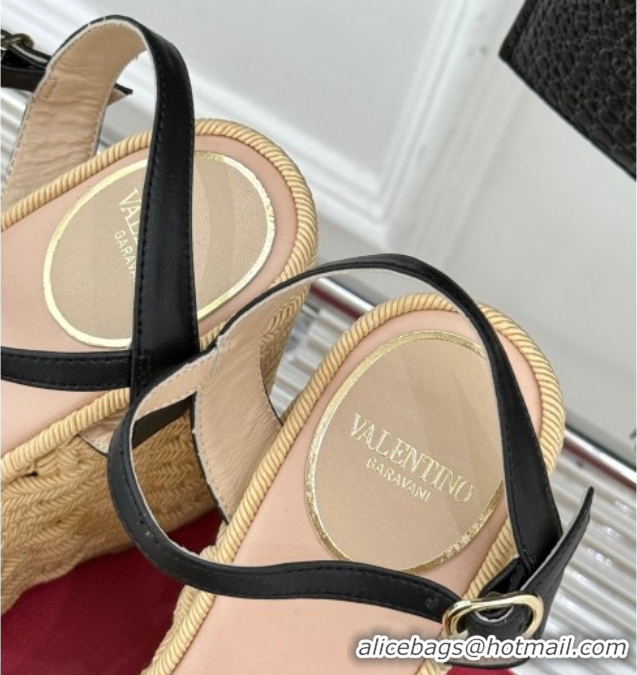Good Looking Valentino VLogo Signature Cherryfic Wedge Sandals 12cm in Jacquard Synthetic Raffia and Rope Black 0428016