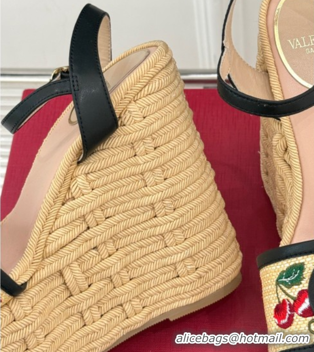 Good Looking Valentino VLogo Signature Cherryfic Wedge Sandals 12cm in Jacquard Synthetic Raffia and Rope Black 0428016
