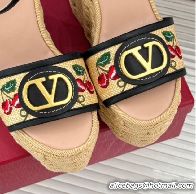 Good Looking Valentino VLogo Signature Cherryfic Wedge Sandals 12cm in Jacquard Synthetic Raffia and Rope Black 0428016