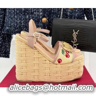 Most Popular Valentino VLogo Signature Cherryfic Wedge Sandals 12cm in Jacquard Synthetic Raffia and Rope Dusty Pink 042