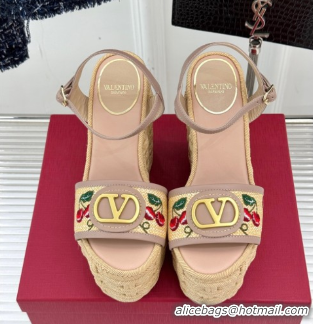 Most Popular Valentino VLogo Signature Cherryfic Wedge Sandals 12cm in Jacquard Synthetic Raffia and Rope Dusty Pink 042