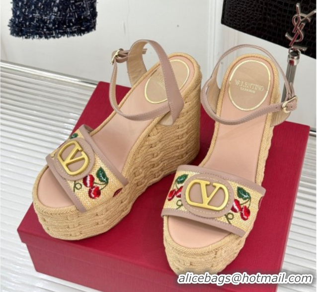 Most Popular Valentino VLogo Signature Cherryfic Wedge Sandals 12cm in Jacquard Synthetic Raffia and Rope Dusty Pink 042