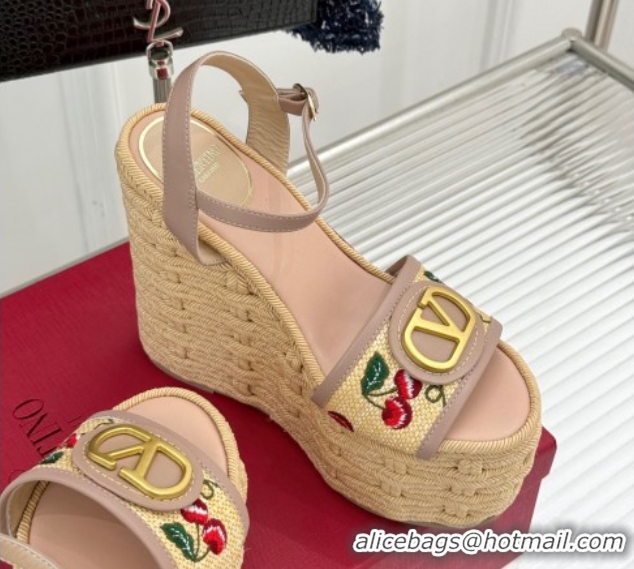 Most Popular Valentino VLogo Signature Cherryfic Wedge Sandals 12cm in Jacquard Synthetic Raffia and Rope Dusty Pink 042