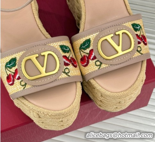 Most Popular Valentino VLogo Signature Cherryfic Wedge Sandals 12cm in Jacquard Synthetic Raffia and Rope Dusty Pink 042
