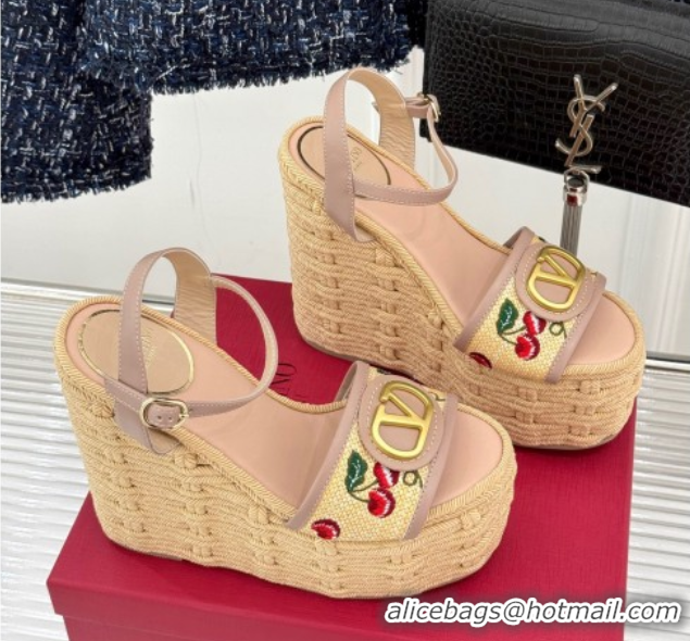 Most Popular Valentino VLogo Signature Cherryfic Wedge Sandals 12cm in Jacquard Synthetic Raffia and Rope Dusty Pink 042