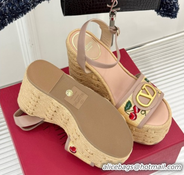 Most Popular Valentino VLogo Signature Cherryfic Wedge Sandals 12cm in Jacquard Synthetic Raffia and Rope Dusty Pink 042