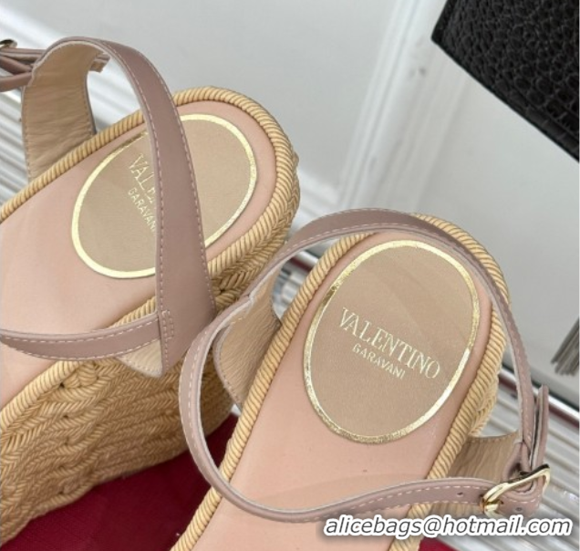 Most Popular Valentino VLogo Signature Cherryfic Wedge Sandals 12cm in Jacquard Synthetic Raffia and Rope Dusty Pink 042