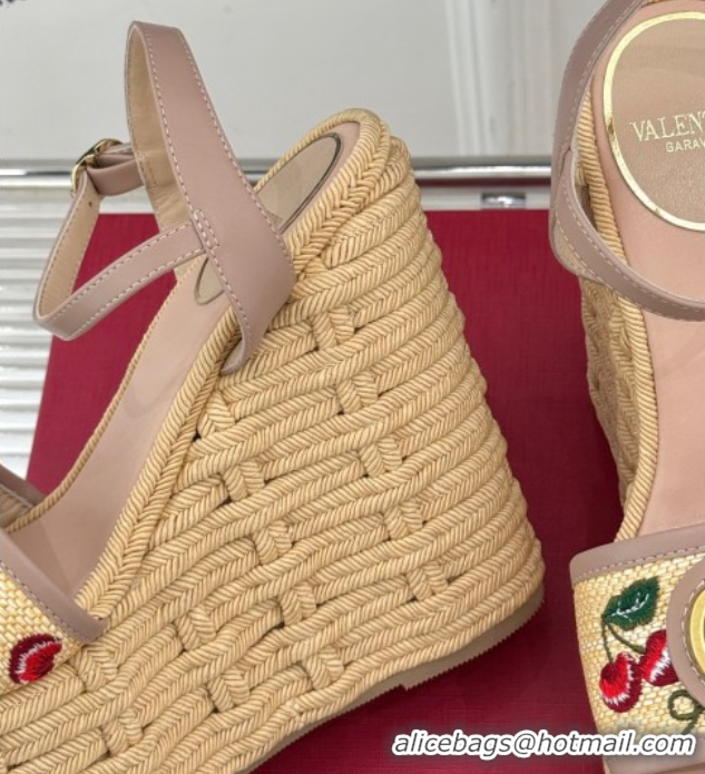 Most Popular Valentino VLogo Signature Cherryfic Wedge Sandals 12cm in Jacquard Synthetic Raffia and Rope Dusty Pink 042
