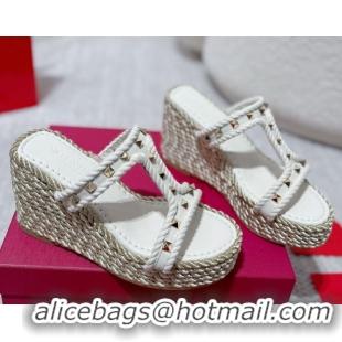Perfect Valentino Rockstud Wedge Slides Sandal 10cm in Nappa Leather and Rope White 2025 VLTN042802