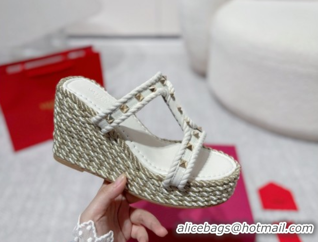Perfect Valentino Rockstud Wedge Slides Sandal 10cm in Nappa Leather and Rope White 2025 VLTN042802