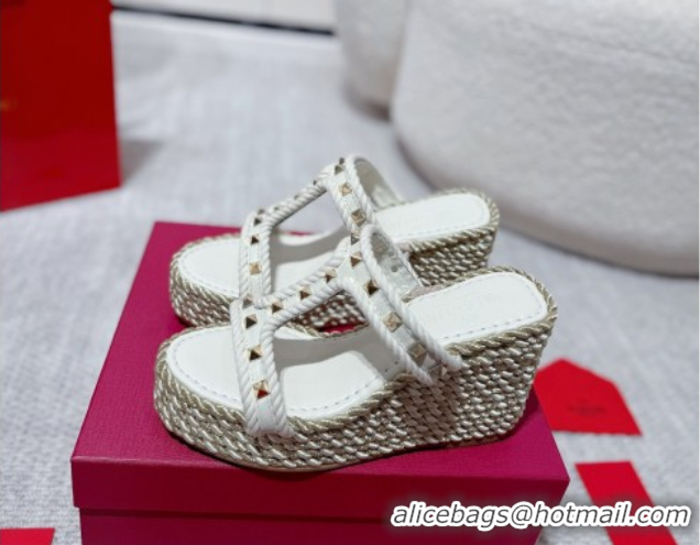 Perfect Valentino Rockstud Wedge Slides Sandal 10cm in Nappa Leather and Rope White 2025 VLTN042802