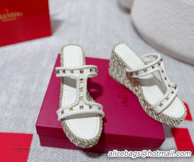 Perfect Valentino Rockstud Wedge Slides Sandal 10cm in Nappa Leather and Rope White 2025 VLTN042802
