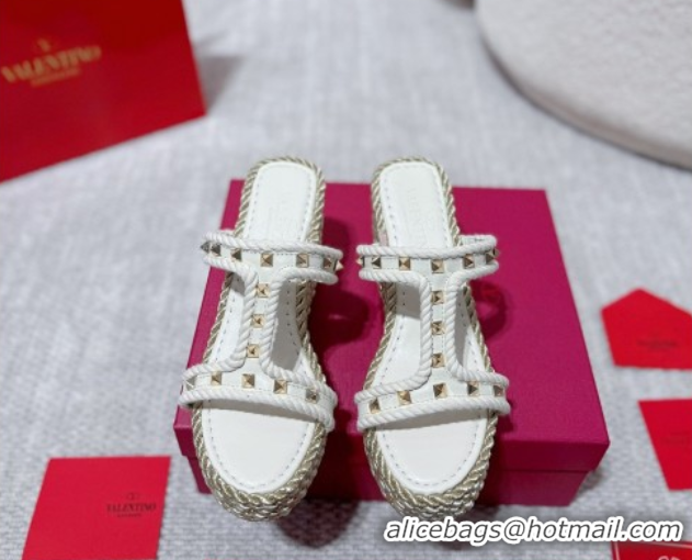 Perfect Valentino Rockstud Wedge Slides Sandal 10cm in Nappa Leather and Rope White 2025 VLTN042802