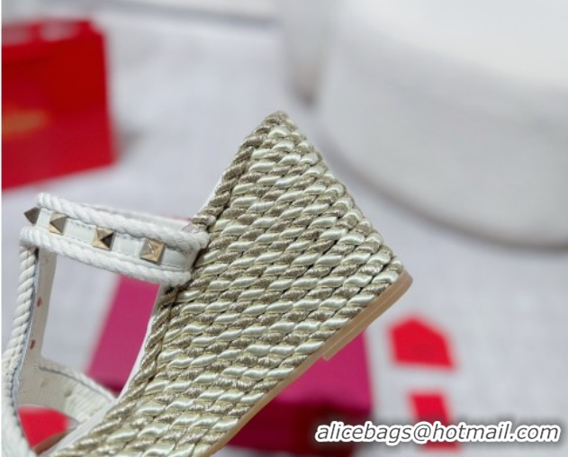 Perfect Valentino Rockstud Wedge Slides Sandal 10cm in Nappa Leather and Rope White 2025 VLTN042802