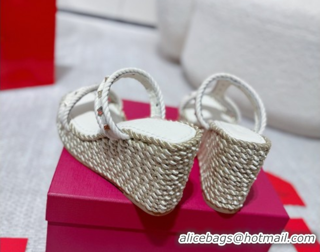 Perfect Valentino Rockstud Wedge Slides Sandal 10cm in Nappa Leather and Rope White 2025 VLTN042802
