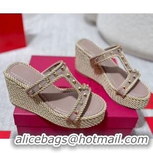Unique Style Valentino Rockstud Wedge Slides Sandal 10cm in Nappa Leather and Rope Dusty Pink 2025 VLTN042802