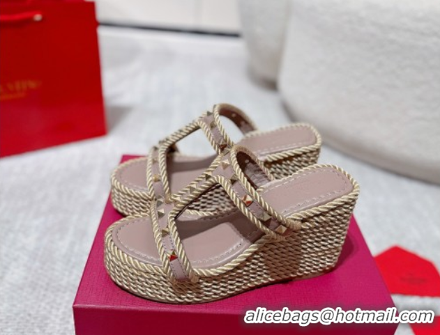 Unique Style Valentino Rockstud Wedge Slides Sandal 10cm in Nappa Leather and Rope Dusty Pink 2025 VLTN042802