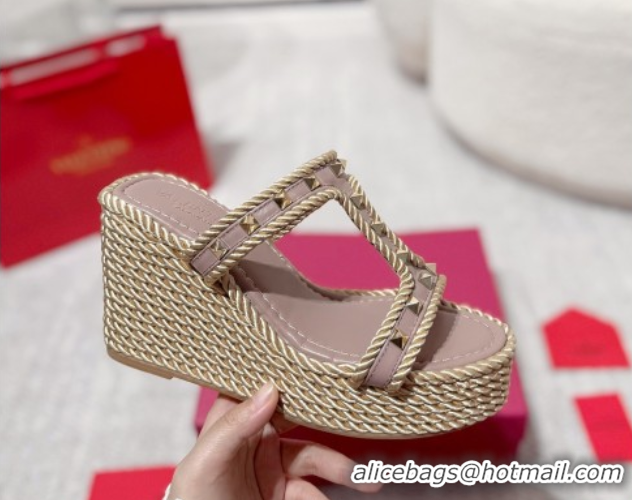 Unique Style Valentino Rockstud Wedge Slides Sandal 10cm in Nappa Leather and Rope Dusty Pink 2025 VLTN042802