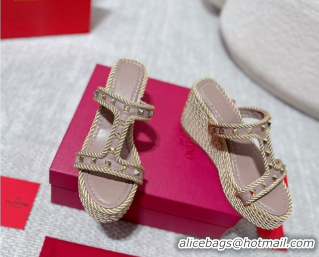 Unique Style Valentino Rockstud Wedge Slides Sandal 10cm in Nappa Leather and Rope Dusty Pink 2025 VLTN042802