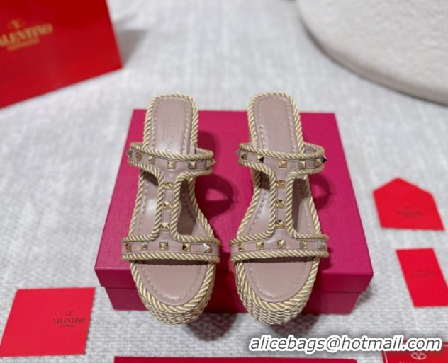 Unique Style Valentino Rockstud Wedge Slides Sandal 10cm in Nappa Leather and Rope Dusty Pink 2025 VLTN042802
