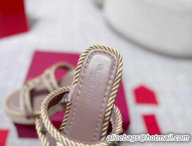 Unique Style Valentino Rockstud Wedge Slides Sandal 10cm in Nappa Leather and Rope Dusty Pink 2025 VLTN042802