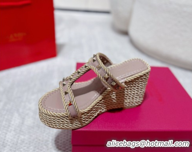 Unique Style Valentino Rockstud Wedge Slides Sandal 10cm in Nappa Leather and Rope Dusty Pink 2025 VLTN042802