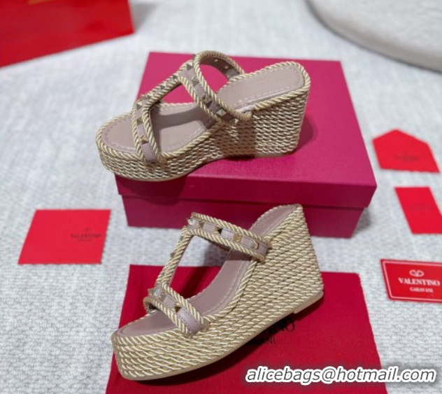 Unique Style Valentino Rockstud Wedge Slides Sandal 10cm in Nappa Leather and Rope Dusty Pink 2025 VLTN042802