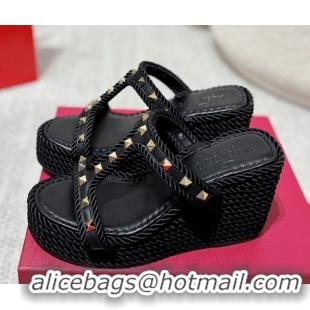 Low Price Valentino Rockstud Wedge Slides Sandal 10cm in Nappa Leather and Rope Black 2025 VLTN042802