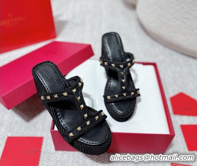 Low Price Valentino Rockstud Wedge Slides Sandal 10cm in Nappa Leather and Rope Black 2025 VLTN042802