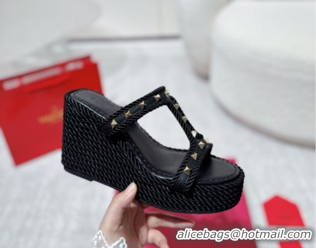 Low Price Valentino Rockstud Wedge Slides Sandal 10cm in Nappa Leather and Rope Black 2025 VLTN042802