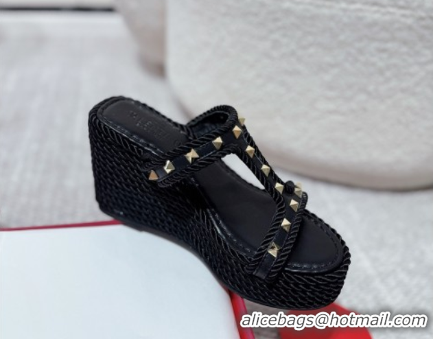 Low Price Valentino Rockstud Wedge Slides Sandal 10cm in Nappa Leather and Rope Black 2025 VLTN042802