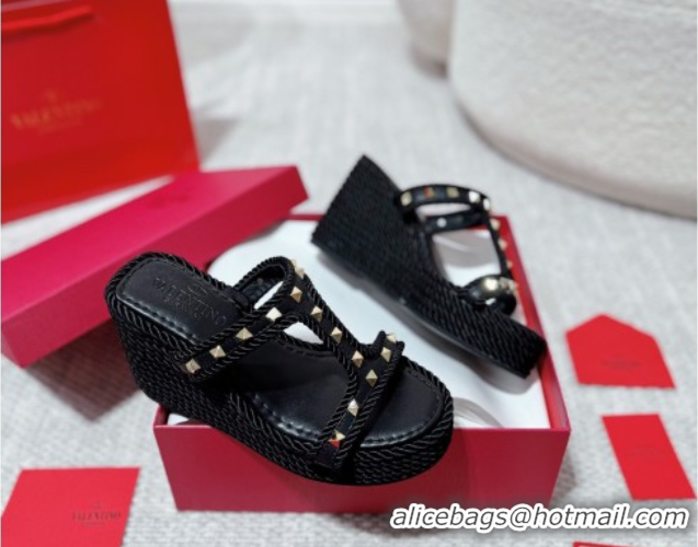 Low Price Valentino Rockstud Wedge Slides Sandal 10cm in Nappa Leather and Rope Black 2025 VLTN042802