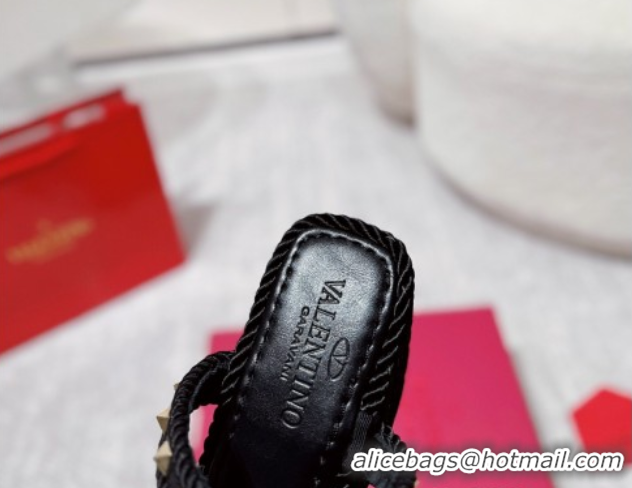Low Price Valentino Rockstud Wedge Slides Sandal 10cm in Nappa Leather and Rope Black 2025 VLTN042802