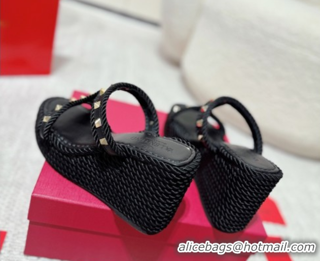 Low Price Valentino Rockstud Wedge Slides Sandal 10cm in Nappa Leather and Rope Black 2025 VLTN042802