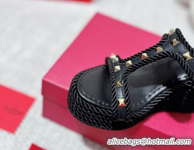 Low Price Valentino Rockstud Wedge Slides Sandal 10cm in Nappa Leather and Rope Black 2025 VLTN042802