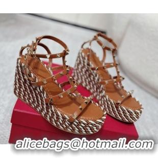 Best Grade Valentino Rockstud Wedge Sandals 10cm with Calfskin Strap and Rope Brown VLTN042803
