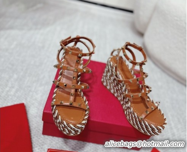 Best Grade Valentino Rockstud Wedge Sandals 10cm with Calfskin Strap and Rope Brown VLTN042803