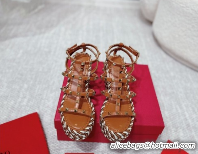 Best Grade Valentino Rockstud Wedge Sandals 10cm with Calfskin Strap and Rope Brown VLTN042803