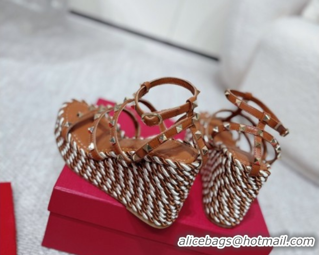 Best Grade Valentino Rockstud Wedge Sandals 10cm with Calfskin Strap and Rope Brown VLTN042803