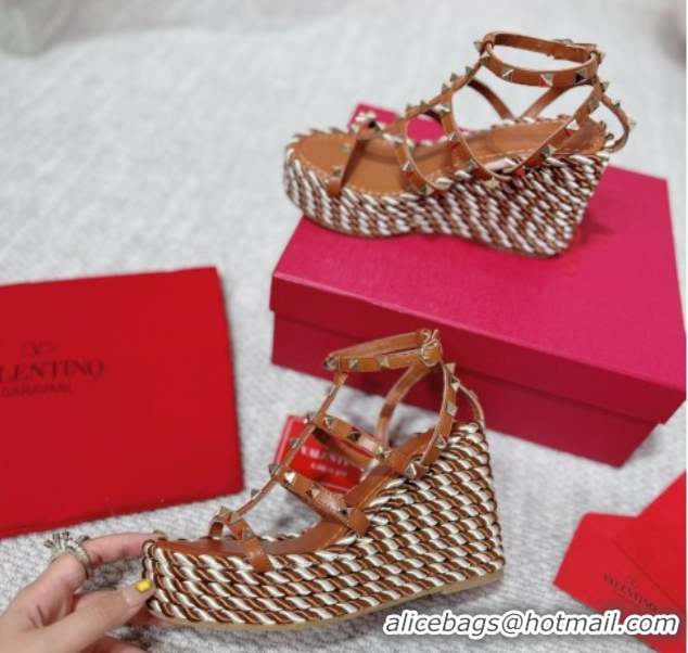 Best Grade Valentino Rockstud Wedge Sandals 10cm with Calfskin Strap and Rope Brown VLTN042803