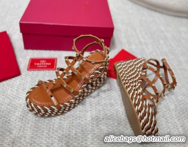 Best Grade Valentino Rockstud Wedge Sandals 10cm with Calfskin Strap and Rope Brown VLTN042803