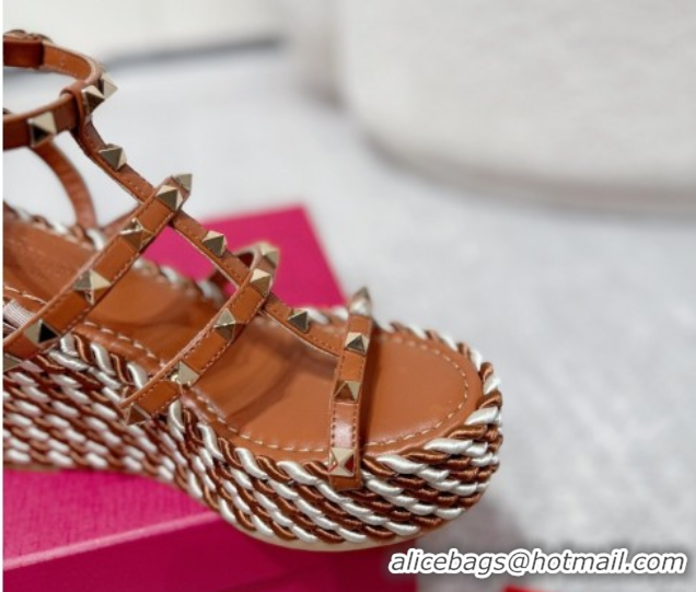 Best Grade Valentino Rockstud Wedge Sandals 10cm with Calfskin Strap and Rope Brown VLTN042803