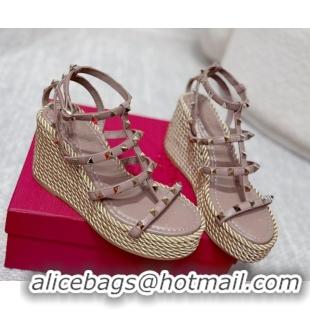 Top Design Valentino Rockstud Wedge Sandals 10cm with Calfskin Strap and Rope Dudty Pink VLTN042803
